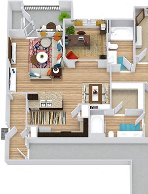 Brazos with Attached Garage 3D Brazos with Attached Garage 3D. 2 bedroom apartment + study room. Kitchen with bartop open to living/dinning rooms. 2 full bathrooms, double vanity in master. Walk-in closets. Patio/balcony.
